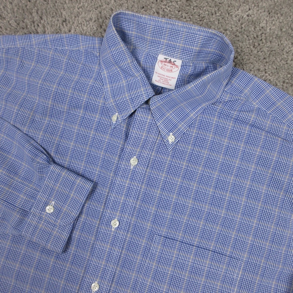 Brooks Brothers Shirt Mens L 16.5 35 Blue Plaid Traditional Dress Button Up